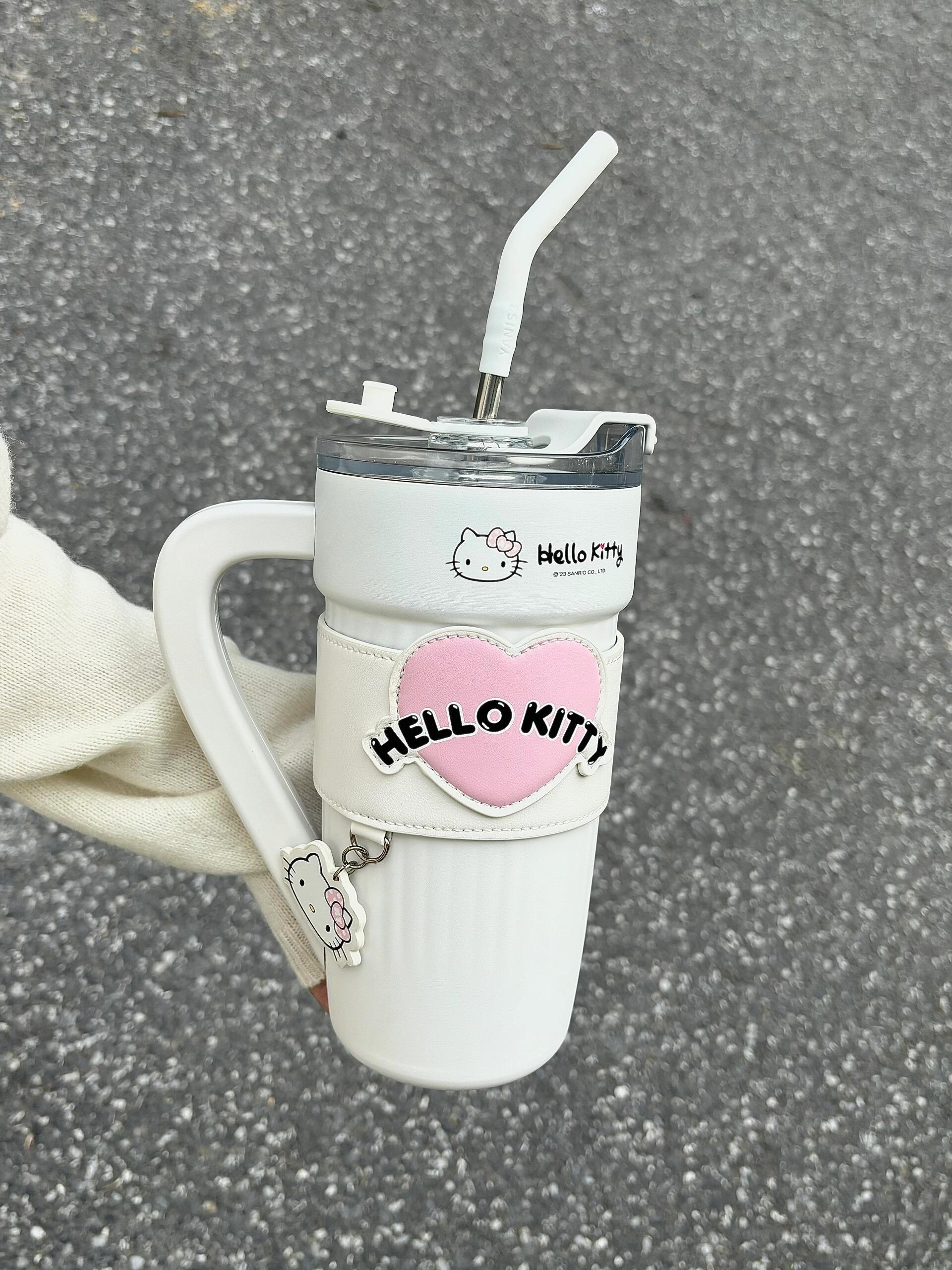 Sanrio 40 oz Tumbler with Handle & Carrier Bag, Stainless Steel Insulated Cup with Lid & Straw Gym Water Bottle Cupholder Friendly Women Travel Mug with Sleeve Holder