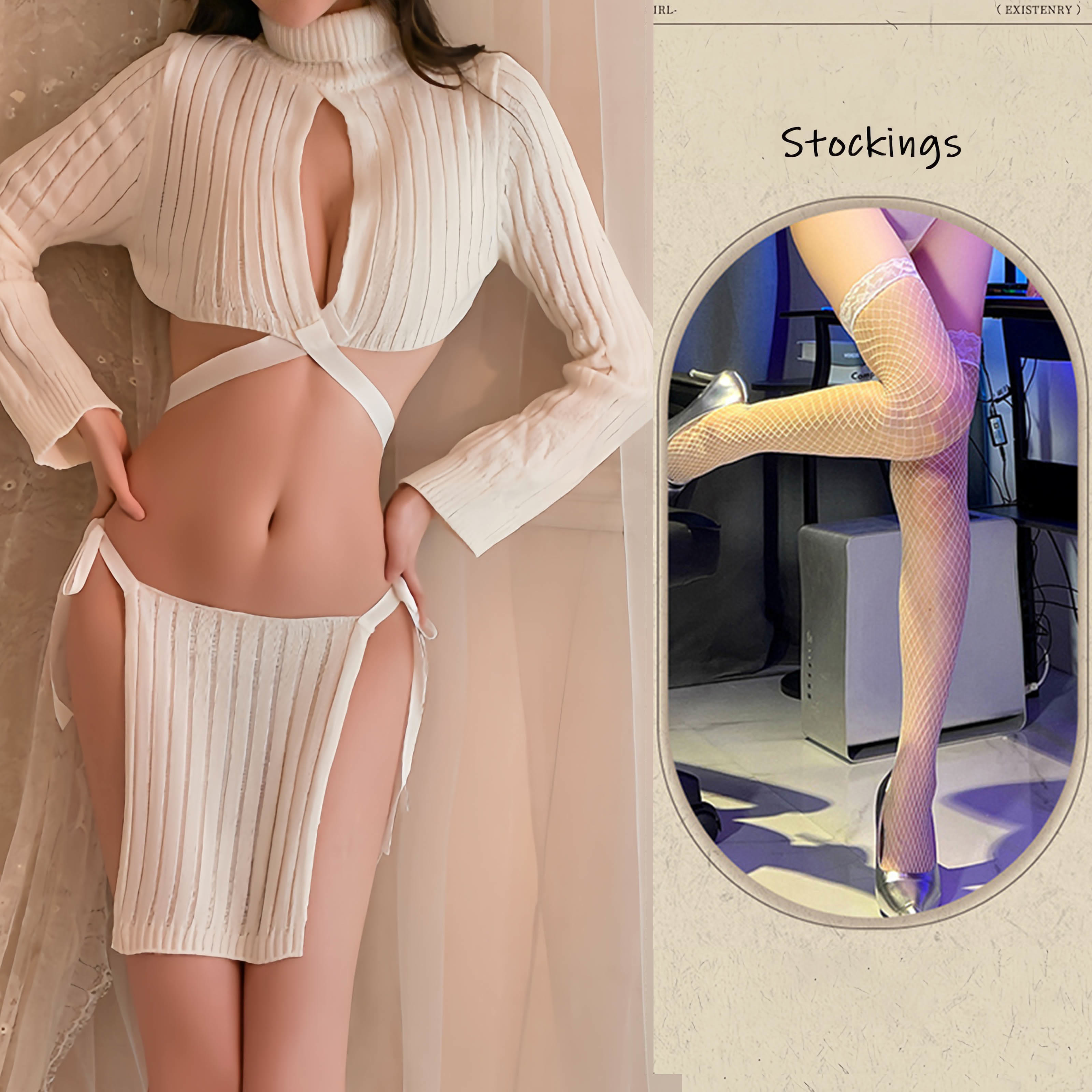 Knit Lace Up Hollow Out Long Sleeve Lingerie Dress