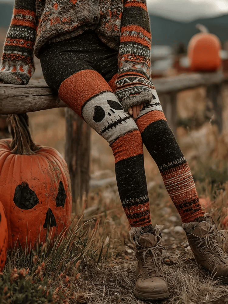 🔥Buy 3 Get 10% Off🔥Women's Halloween Pumpkin Colorblock Print Knit Comfort Leggings