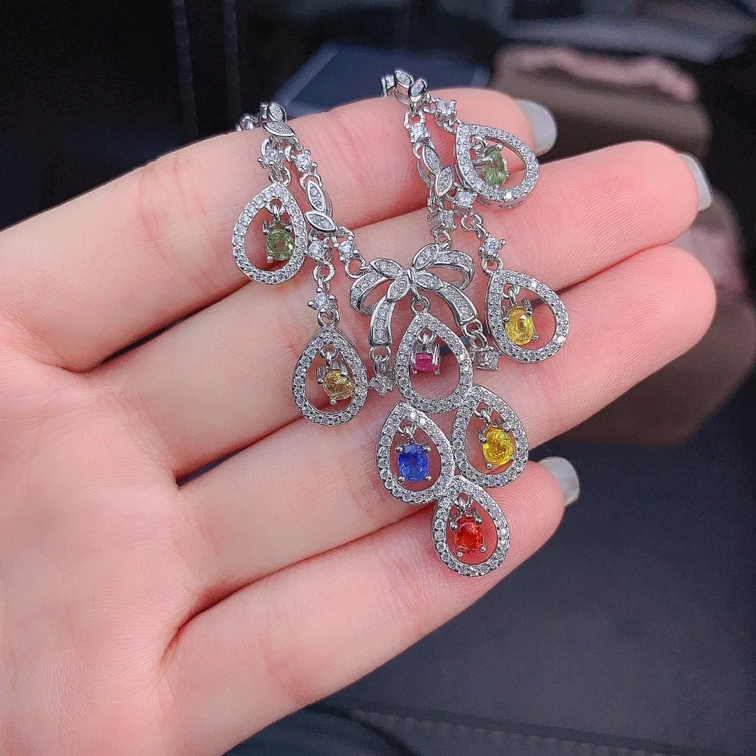 925 Sterling silver natural color sapphire necklace Jewelry Fire color good beauty women's luxury jewelry certified boutique