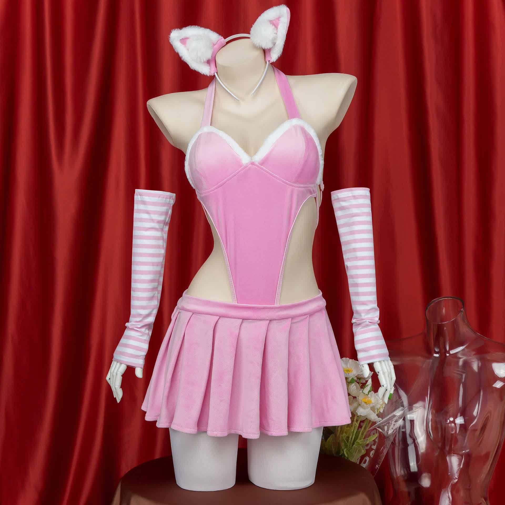 Cosplay Kitty Lace-up Jumpsuit Skirt Lingerie Set
