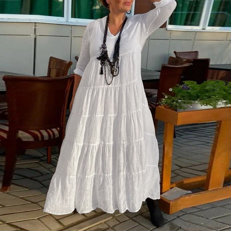 Women's Extra Long V-Neck Layered A-Line Dress with Long Sleeves