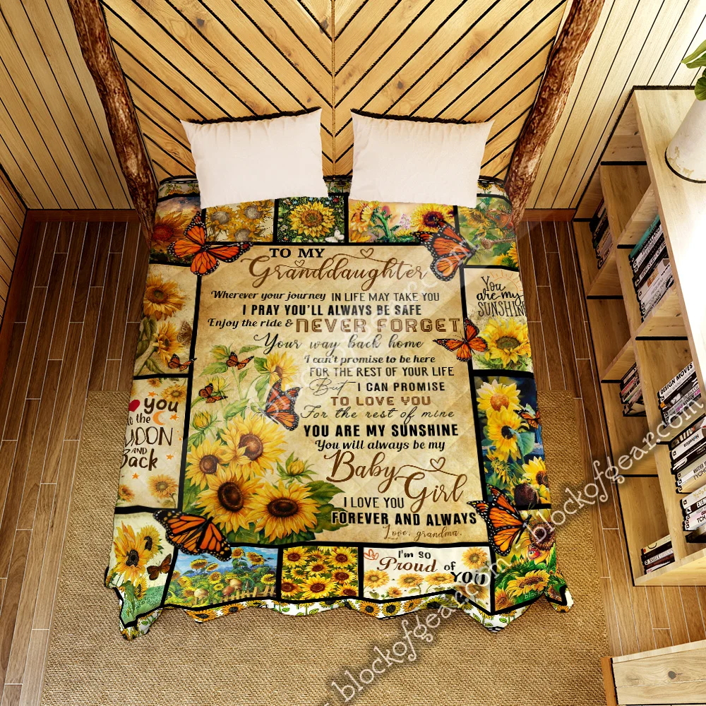 To My Granddaughter, Love Grandma. Sunflower Butterfly Quilt Blanket