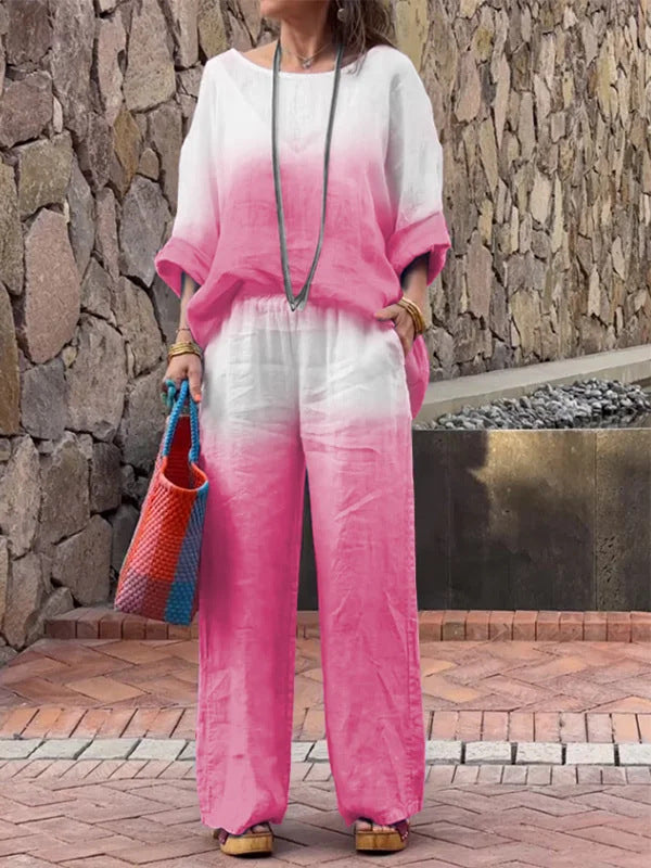 Women's Fashion Cotton Linen Gradient Two-Piece Ensemble