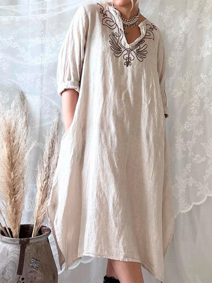 Women's Cotton And Linen V-Neck Pocket Dress