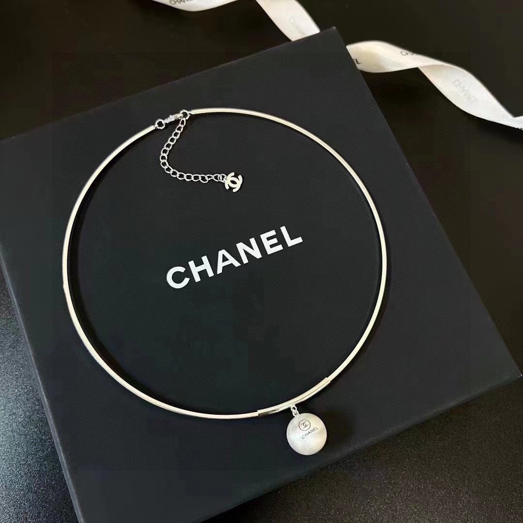 Chanel brushed silver ball pendant necklace