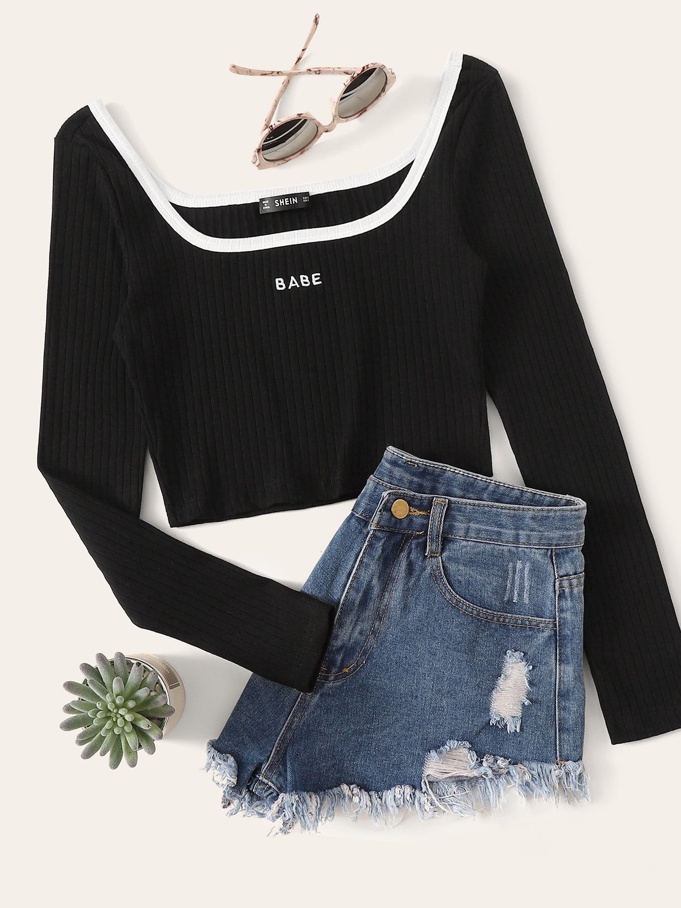 SHEIN Contrast Trim Embroidered Letter Rib-knit Top