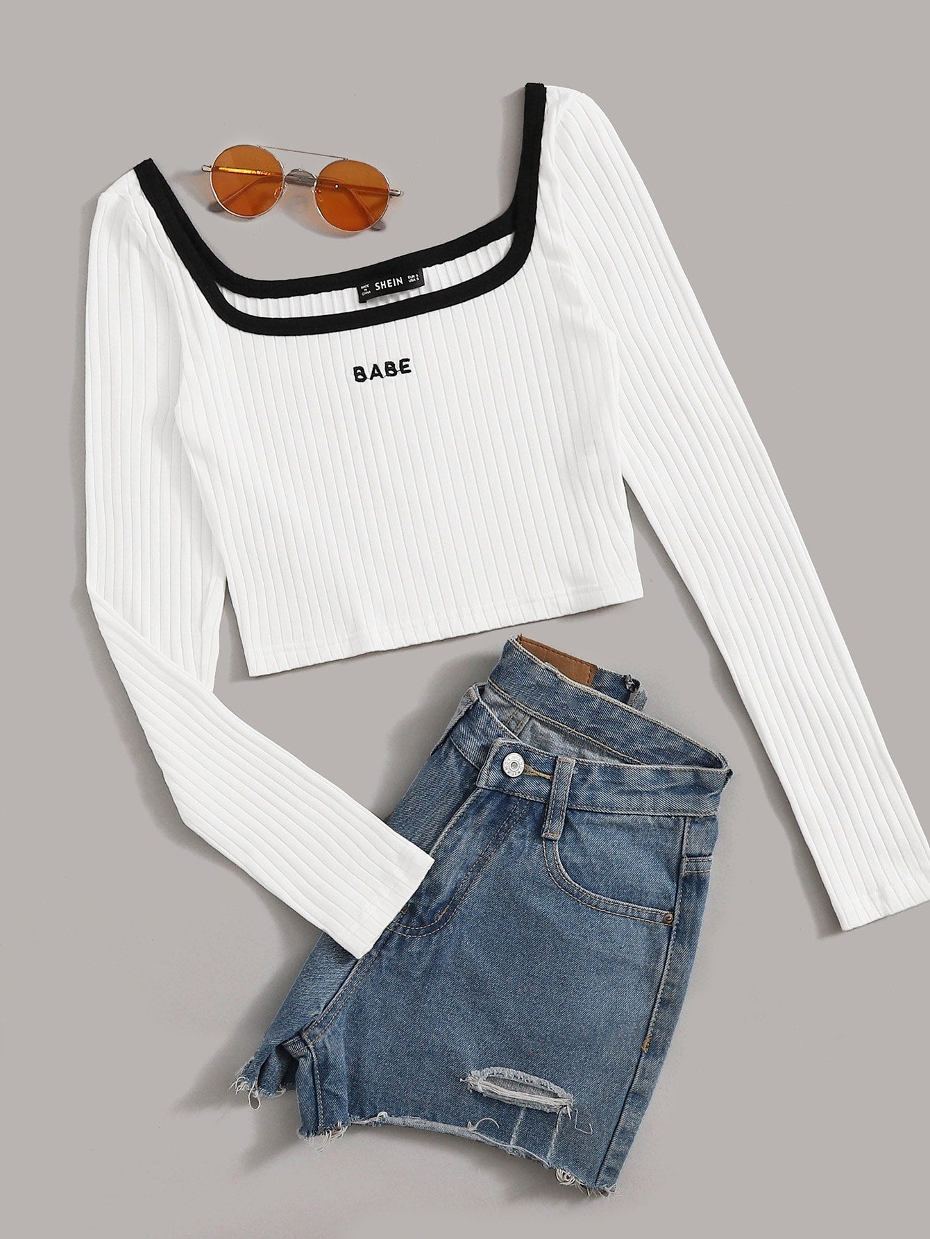 SHEIN Contrast Trim Embroidered Letter Rib-knit Top