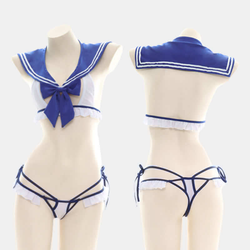 Bow Knot Sailor Collar Lace Up Lingerie Set