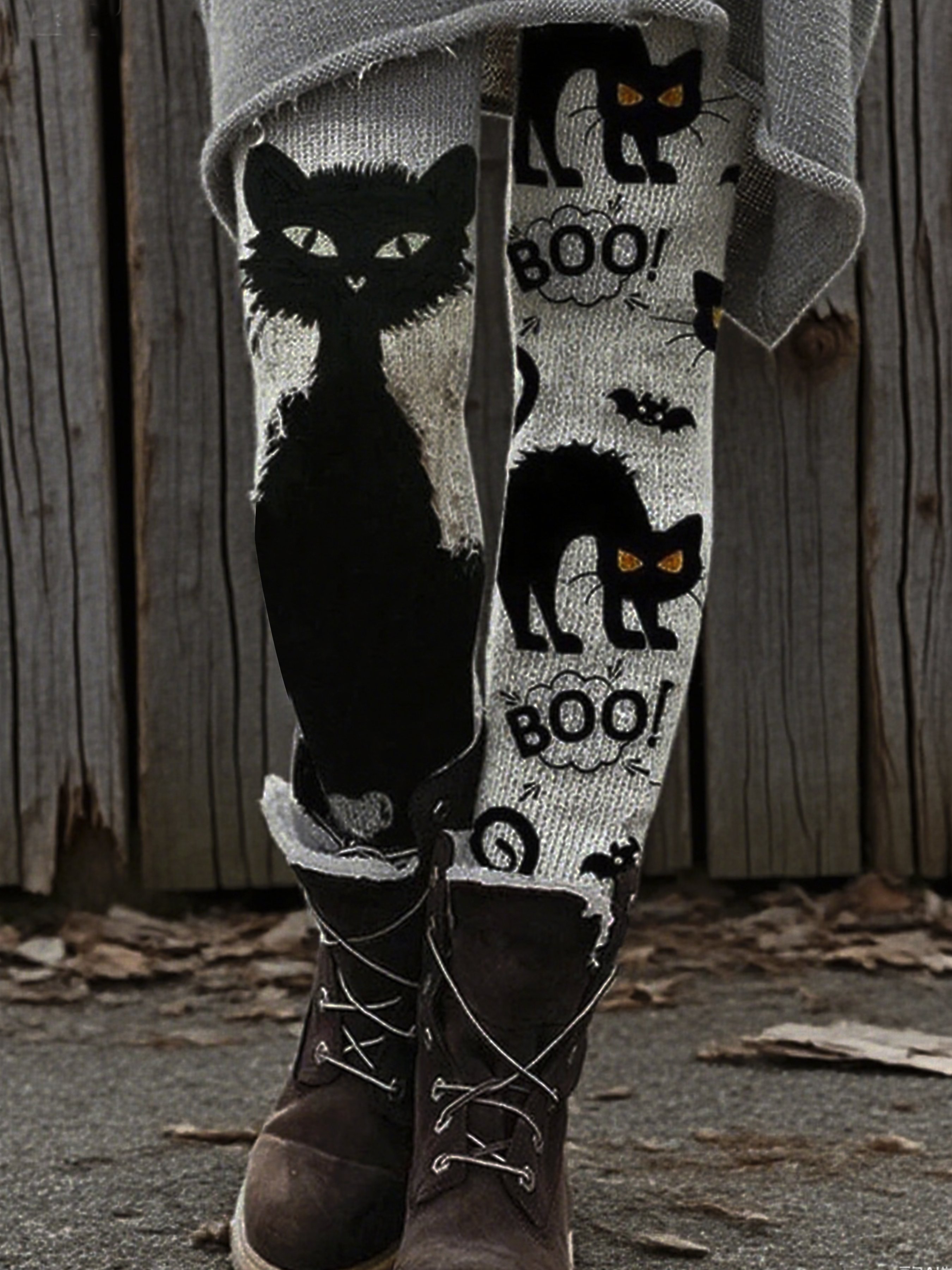 Women's Autumn and Winter Halloween Retro 3D Sweater Textured Cute Black Cat Printed Holiday Pants