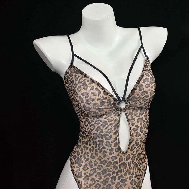Leopard Print Hollow Out Backless Jumpsuit Lingerie