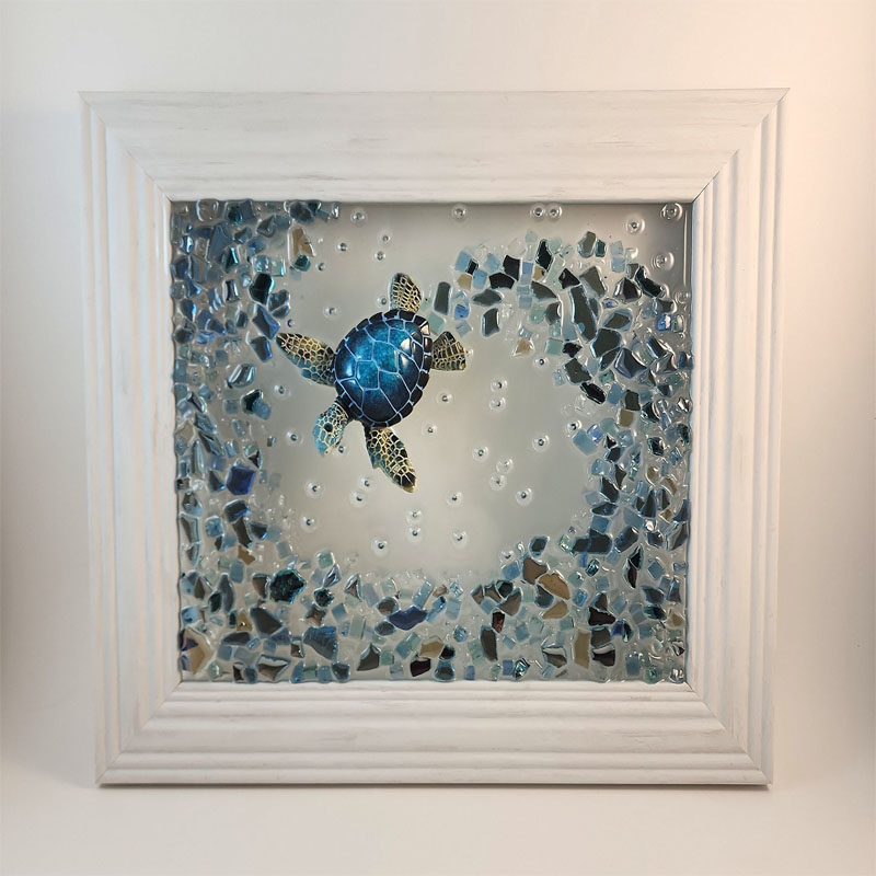 Blue Sea Turtle & Crushed Glass Wave Decor