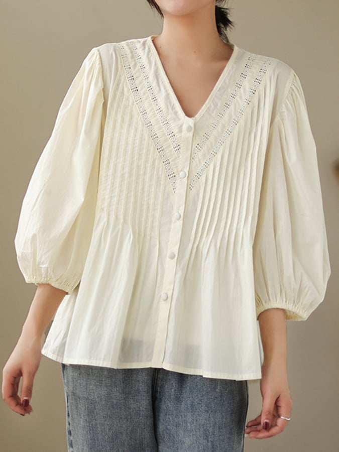 Women's Cotton Lace Patchwork Pleated Lantern Sleeve V-Neck Blouse
