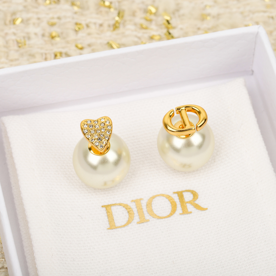 Dior full diamond heart pearl earrings