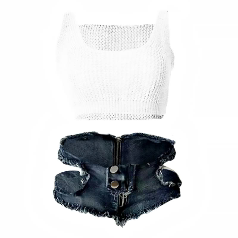 Sexy Hollow Out Top Denim Shorts Lingerie Set