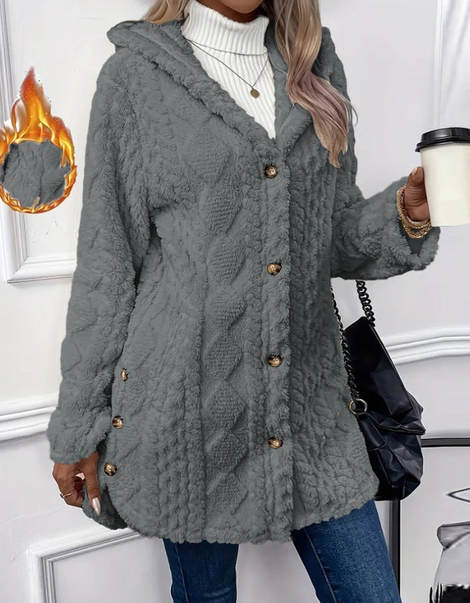 European and American Hooded Solid Color Buttoned Cardigan Long Sleeve Coat
