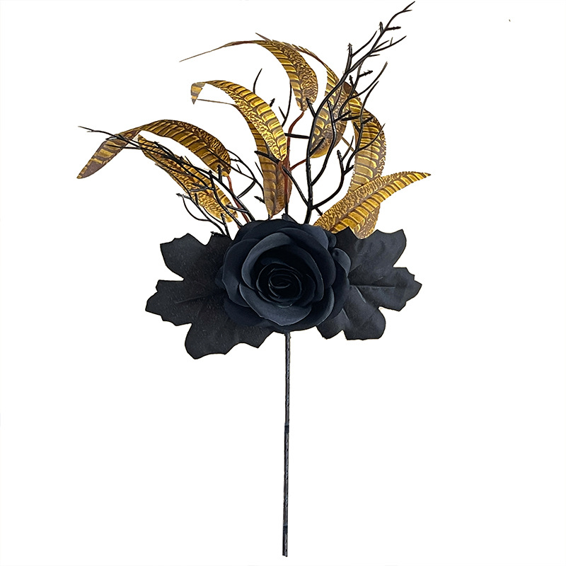 🏆Flash Sale⚡Artificial Fall Flowers-Halloween Pumpkin Bunch with Black Maple Leaves,Rose,Feathers- UV resistant, Waterproof, Windproof