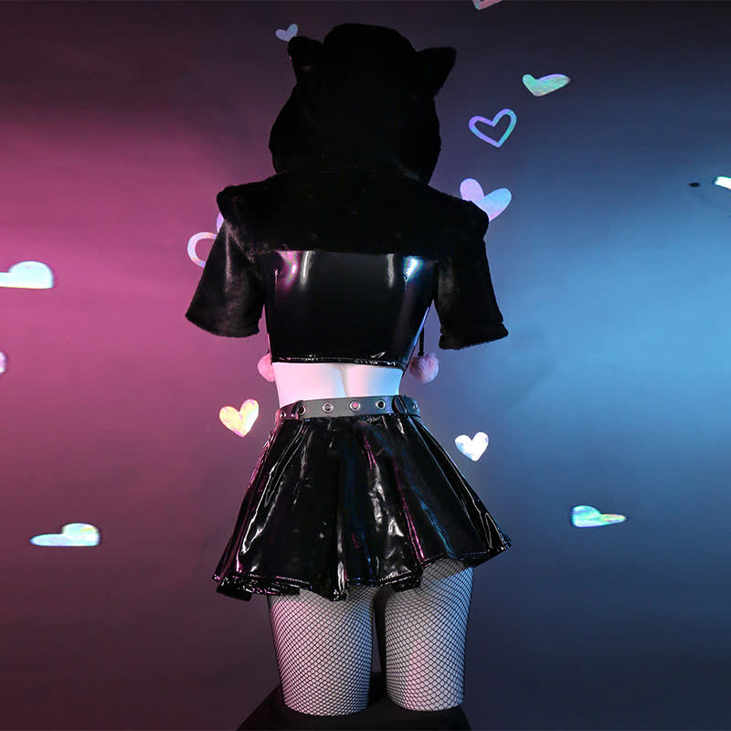 Cosplay Kitty Paw Hooded PU Lingerie Set