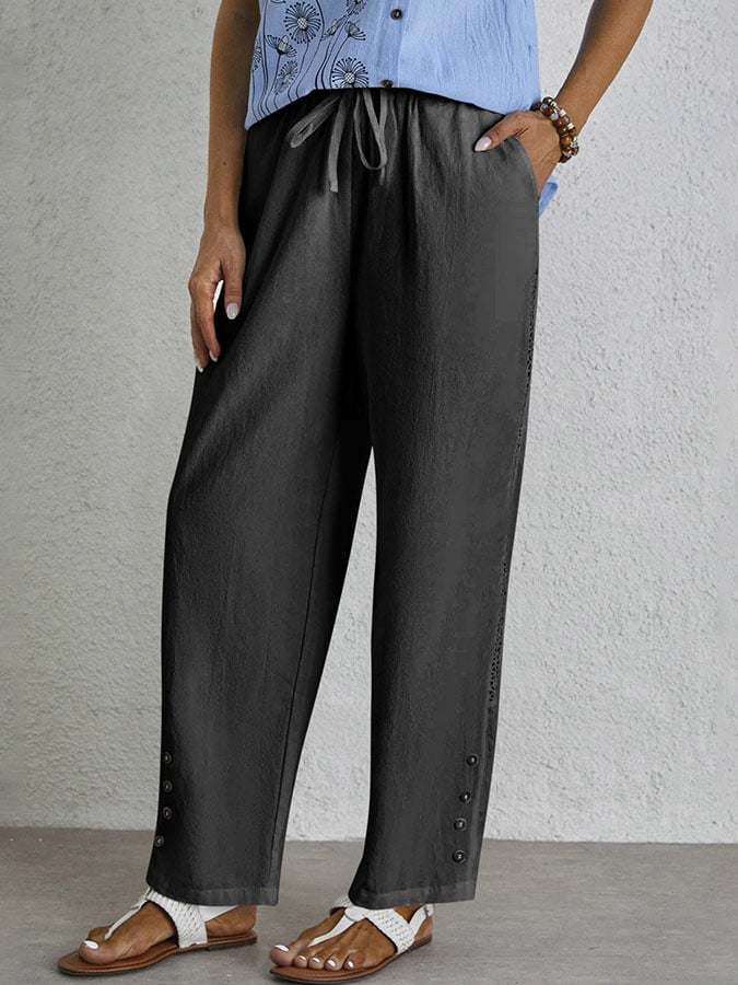 Casual Elegant Lace-Up With Pockets Buttons Lace Side Cotton Linen Trousers