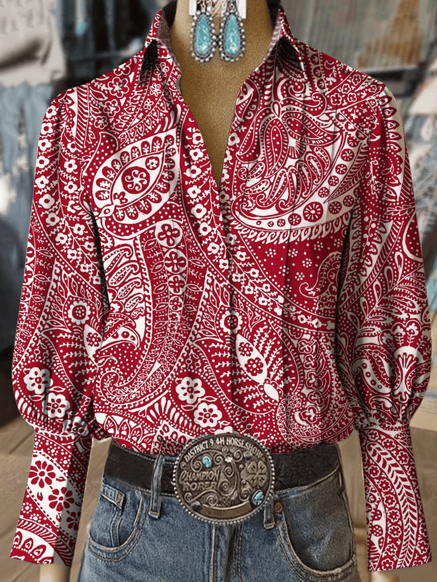 Women's Western Vintage Paisley Floral Print Long Sleeve Shirt