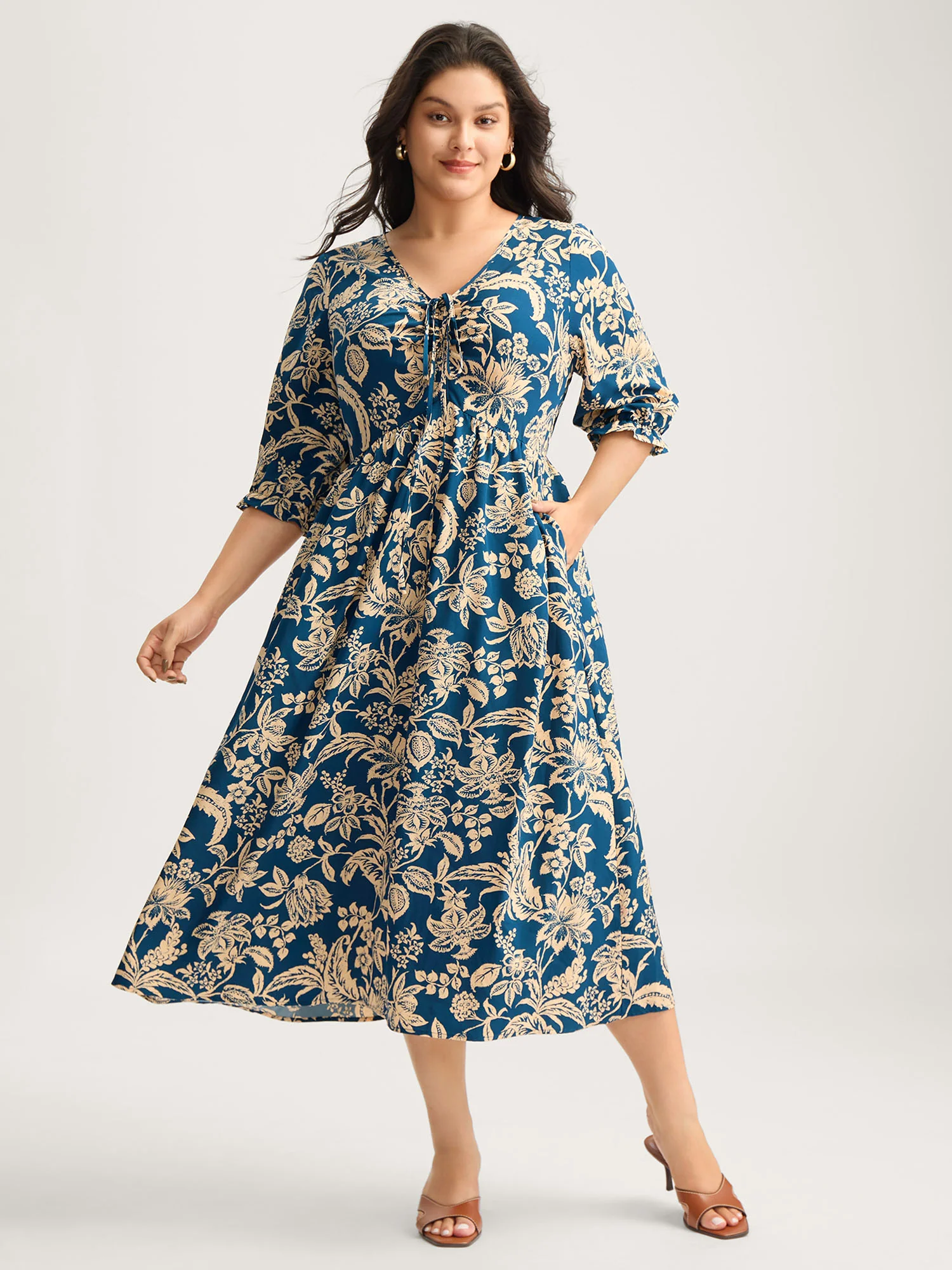 Boho Floral Drawstring Pockets Midi Dress