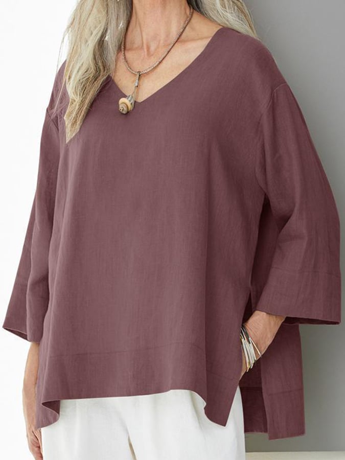 Women's V-Neck Long Sleeve Loose Design Casual Shirt