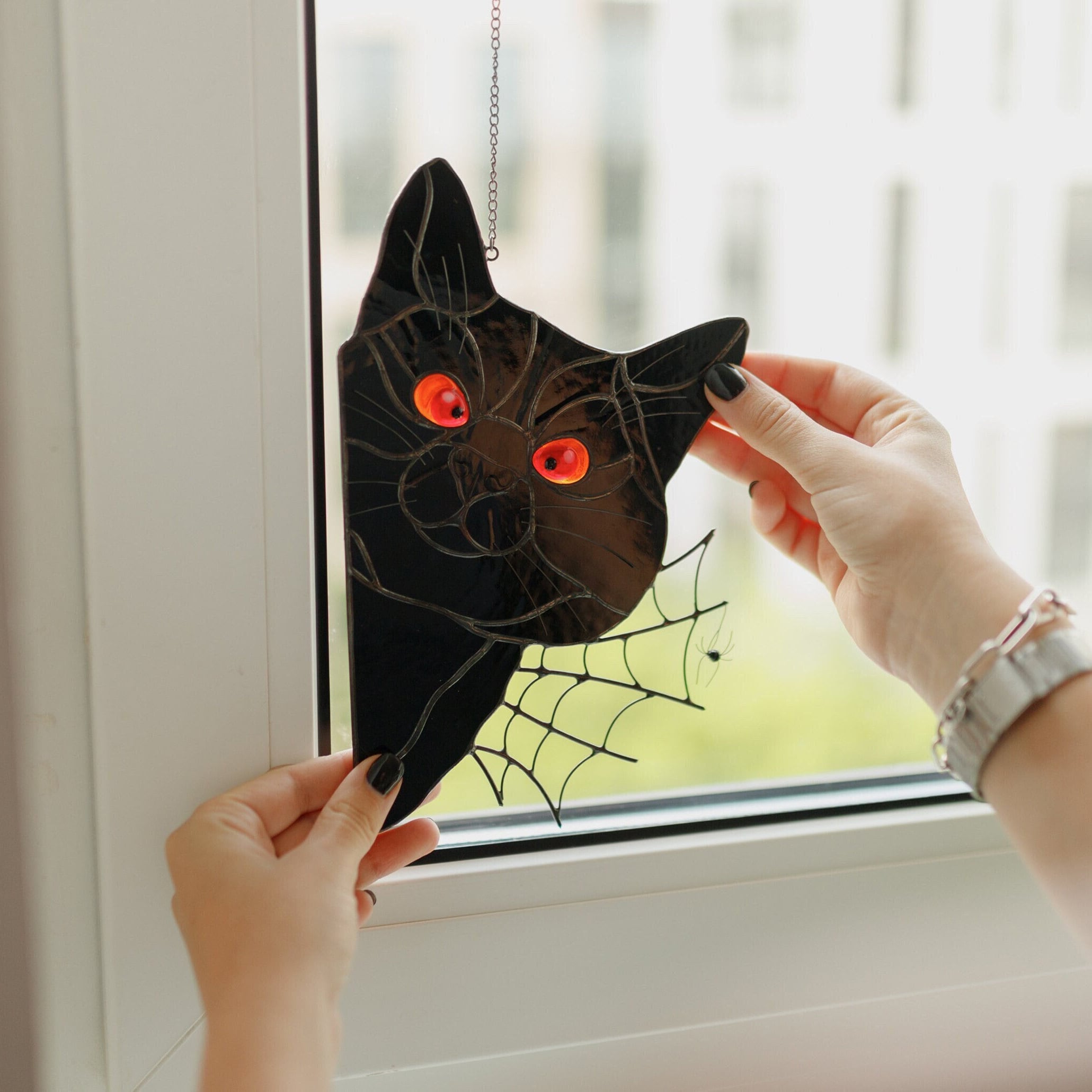 Spooky Season Gift for Cat Lover-Stained Glass Black Cat Suncatcher