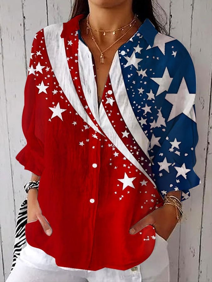 Women's Independence Day Floral Casual Lapel Shirt
