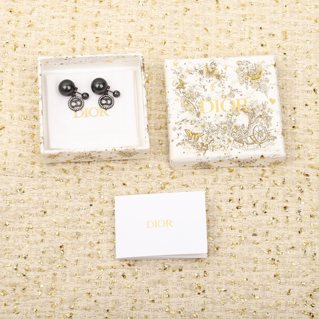 Dior Round Crystal CD Double Ball Pearl Earrings