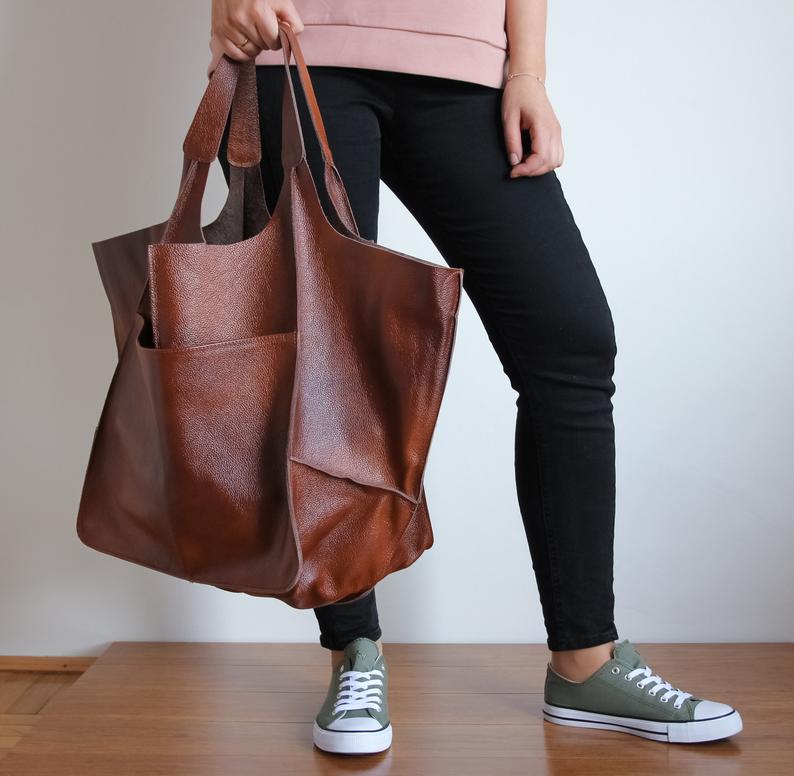 COGNAC LEATHER TOTE bag, Slouchy Tote, Cognac Handbag for Women, Every Day Bag, Women leather bag, Weekender Oversized bag