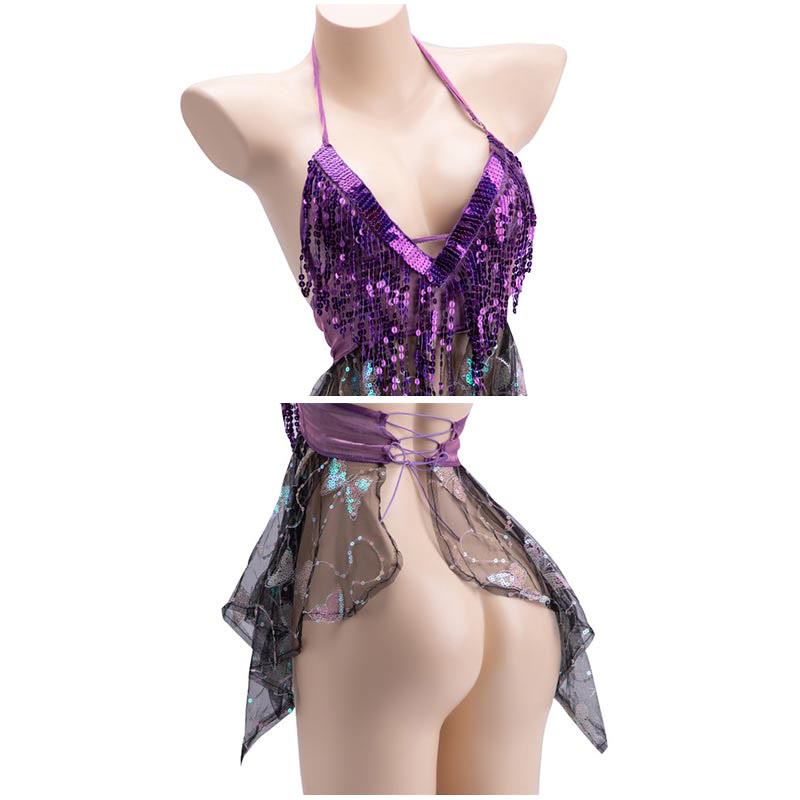 Deep V-neck Sequin Butterfly See-through Lingerie Set