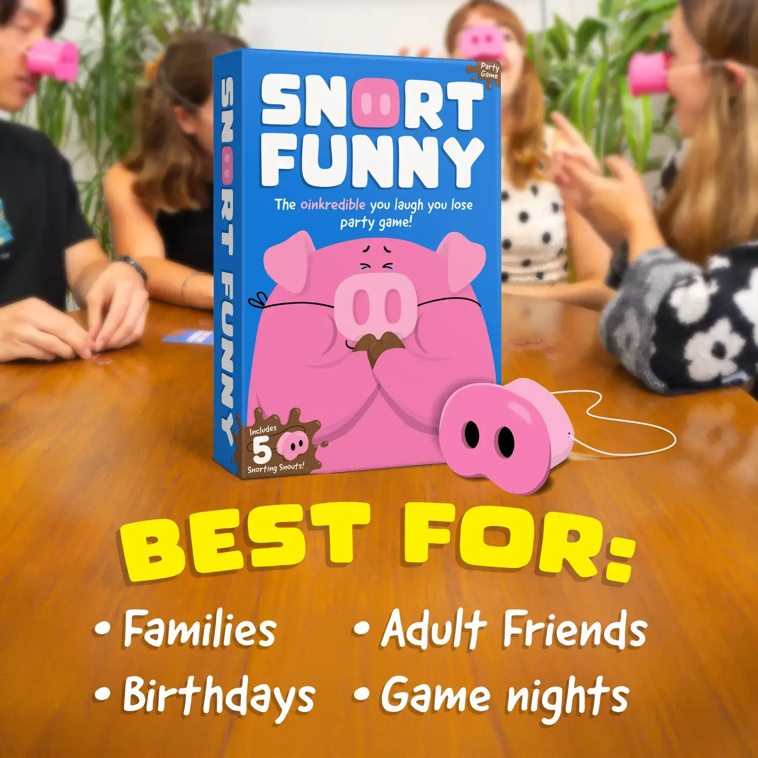 Snort Funny – The Oinkcredible You Laugh You Lose Party Game | Family Games for Kids and Adults | 150 Challenge Cards, 5 Pig Snouts & Mud Tokens | Funny Games for Friend & Family, 4-8 Players, Ages 8+