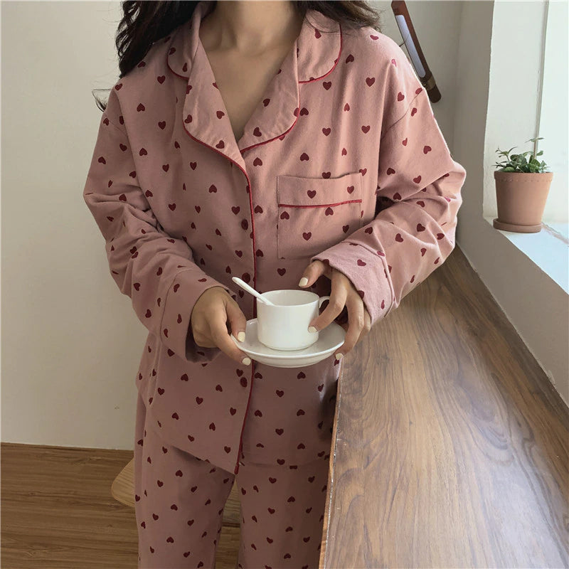 Hearts Full Printed 2Pcs Pajamas Set