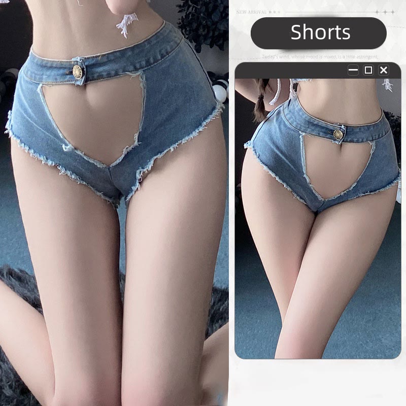 Sexy Denim Hollow Out Top Shorts Lingerie Two Piece