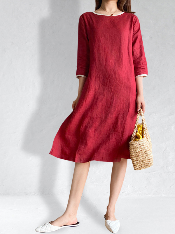 Contrast Collar Comfy Linen Midi Dress