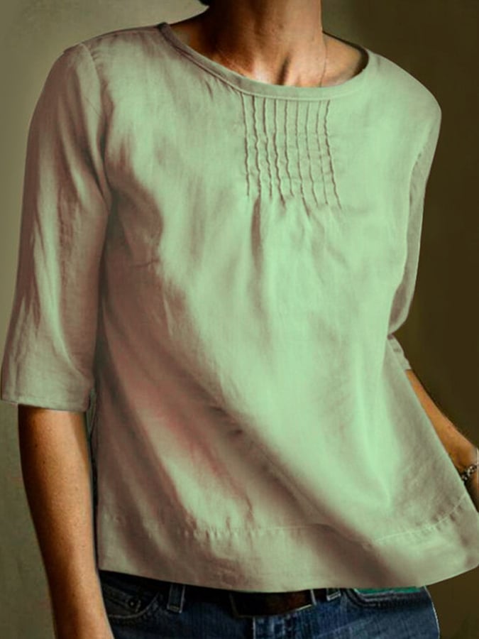 Women's Cotton Solid Color Loose Round Neck Pleated Mid Sleeve Shirt
