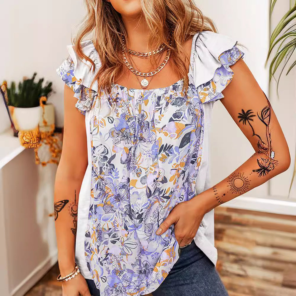 Fashion Floral Sleeveless Top with Square Collar and Flounce Detail