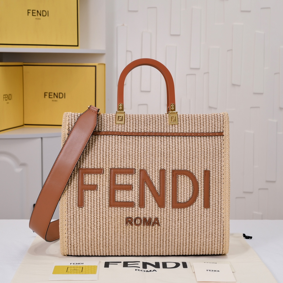 FENDI Sunshine Summer Straw Shopping Bag Caramel 9914
