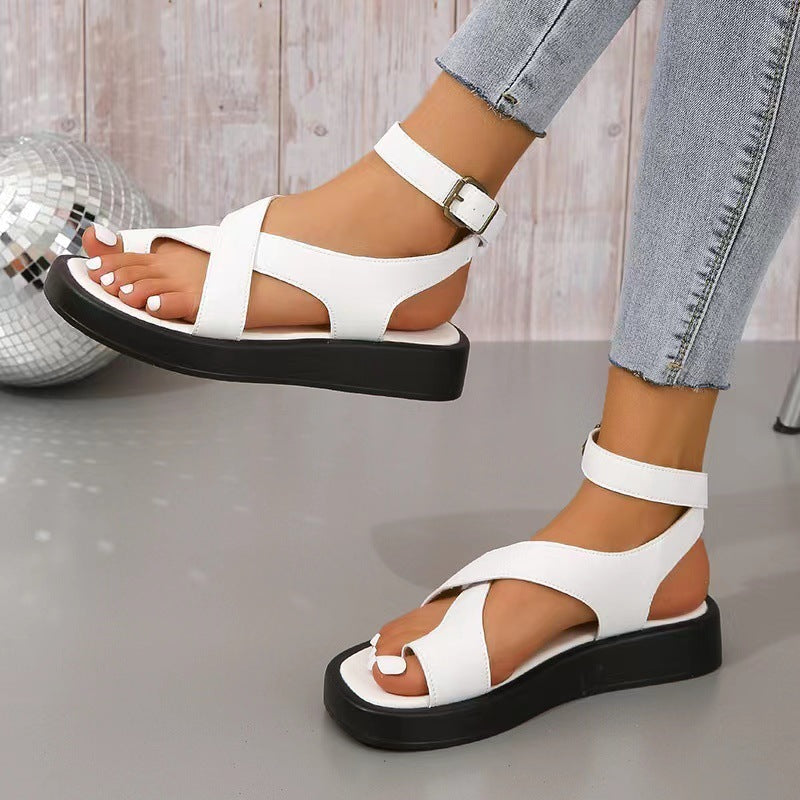 Women's Casual Thick-Soled Clip Toe Sandals Beach Shoes with Round Toe and Back Buckle Strap