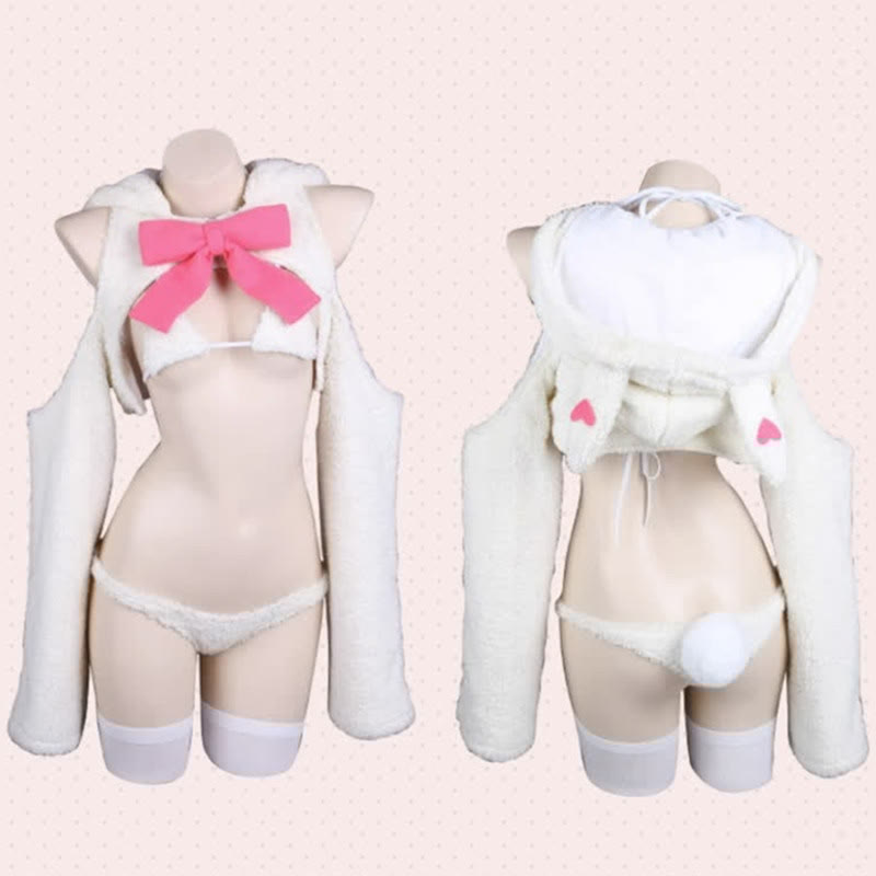 Cosplay Bowknot Hooded Plush Lingerie Set