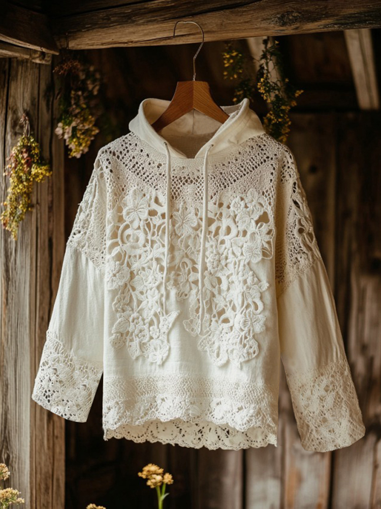 Women's Floral Lace Embroidery Patchwork Art Hoodie