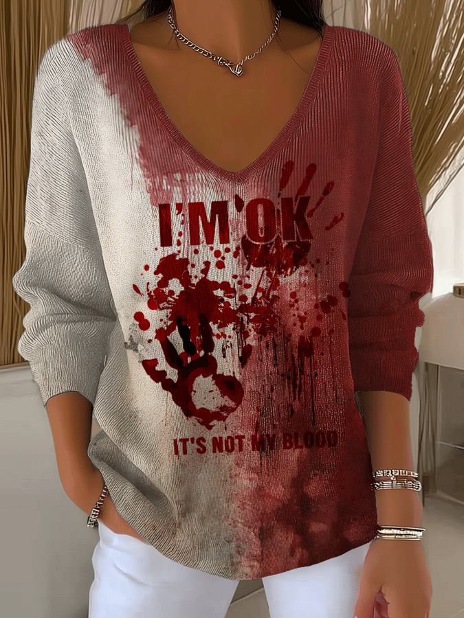 🔥Buy 3 Get 10% Off🔥Women's Halloween Bloody I'm OK It's Not My Blood Print Casual Striped Long Sleeve T-Shirt