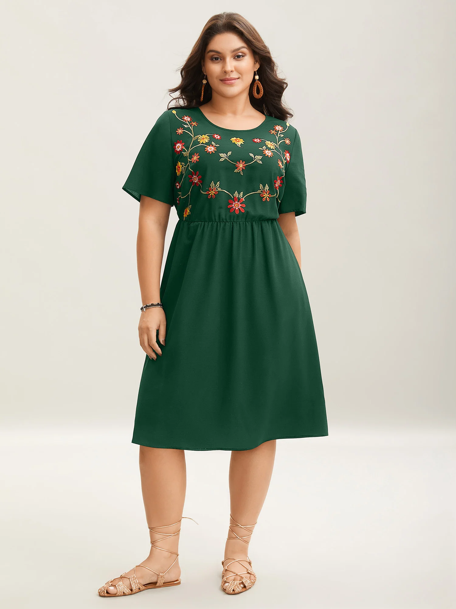 Floral Embroidered Waist-Cinched Midi Dress