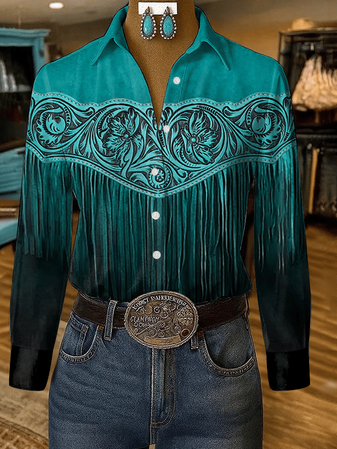 Women's Vintage Western Print Casual Lapel Shirt