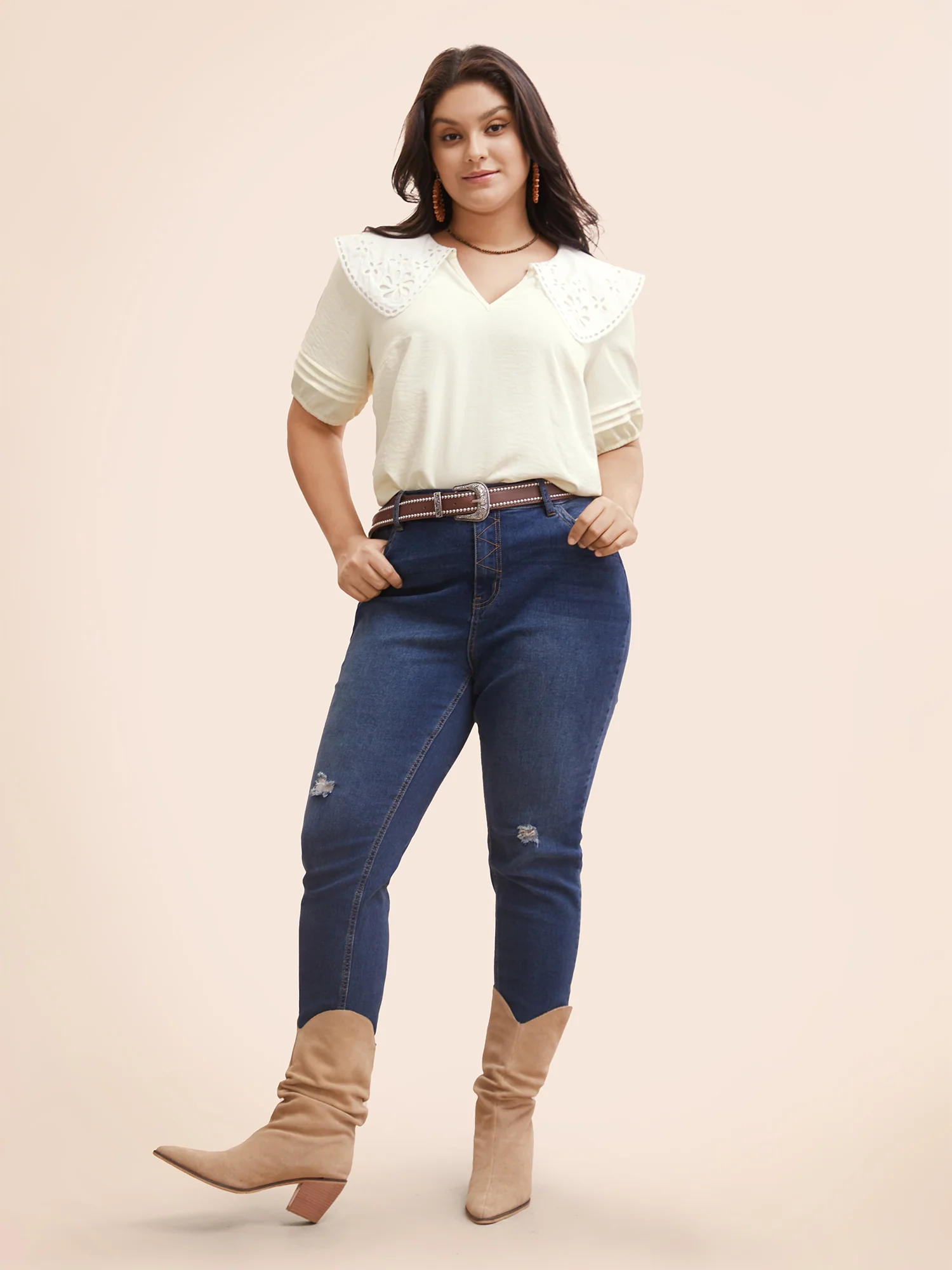 Lace Collar Lantern Sleeve Pleated Blouse