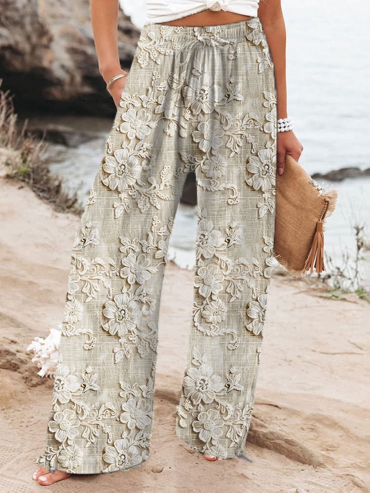 Women's Casual Floral Embroidery Print Straight Pants