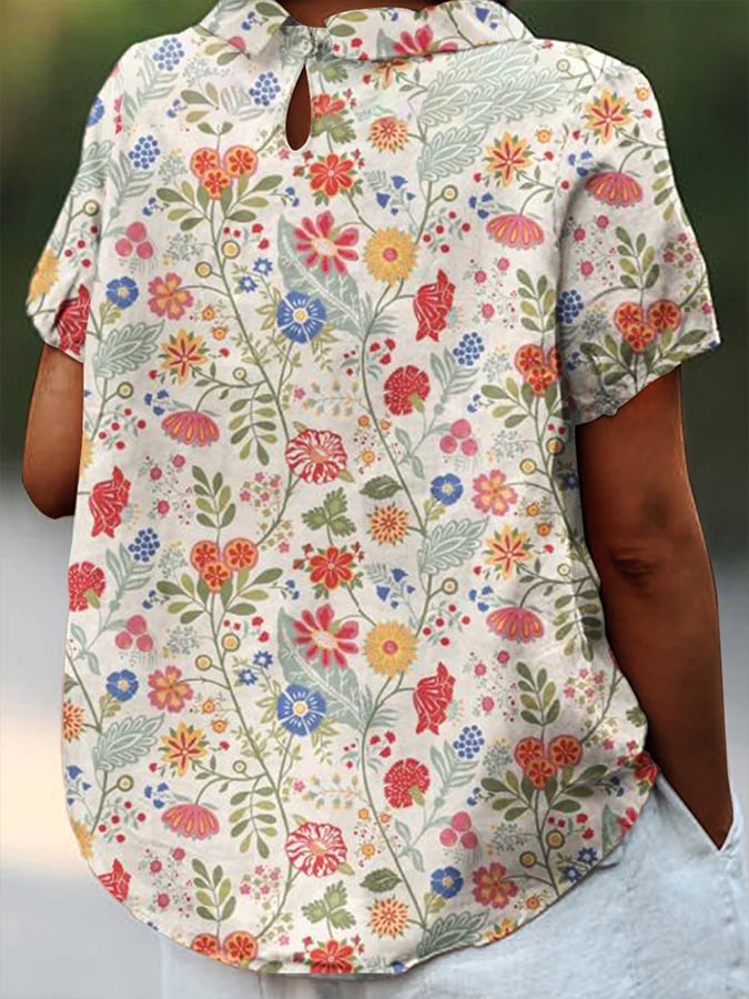 Women'S Retro Floral Art Print Casual Cotton And Linen Shirt