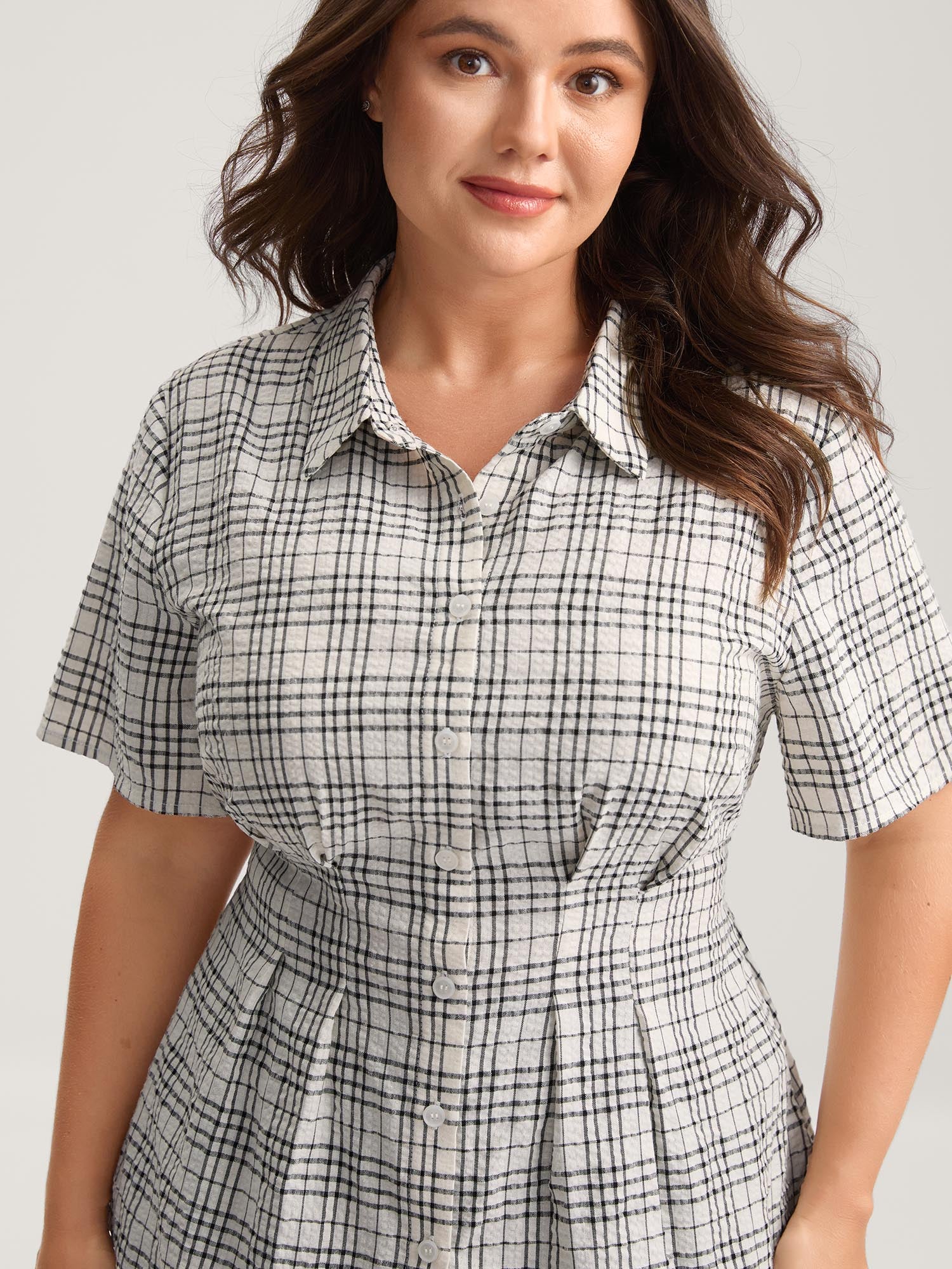 Cotton Plaid Sculpted Button Placket Blouse