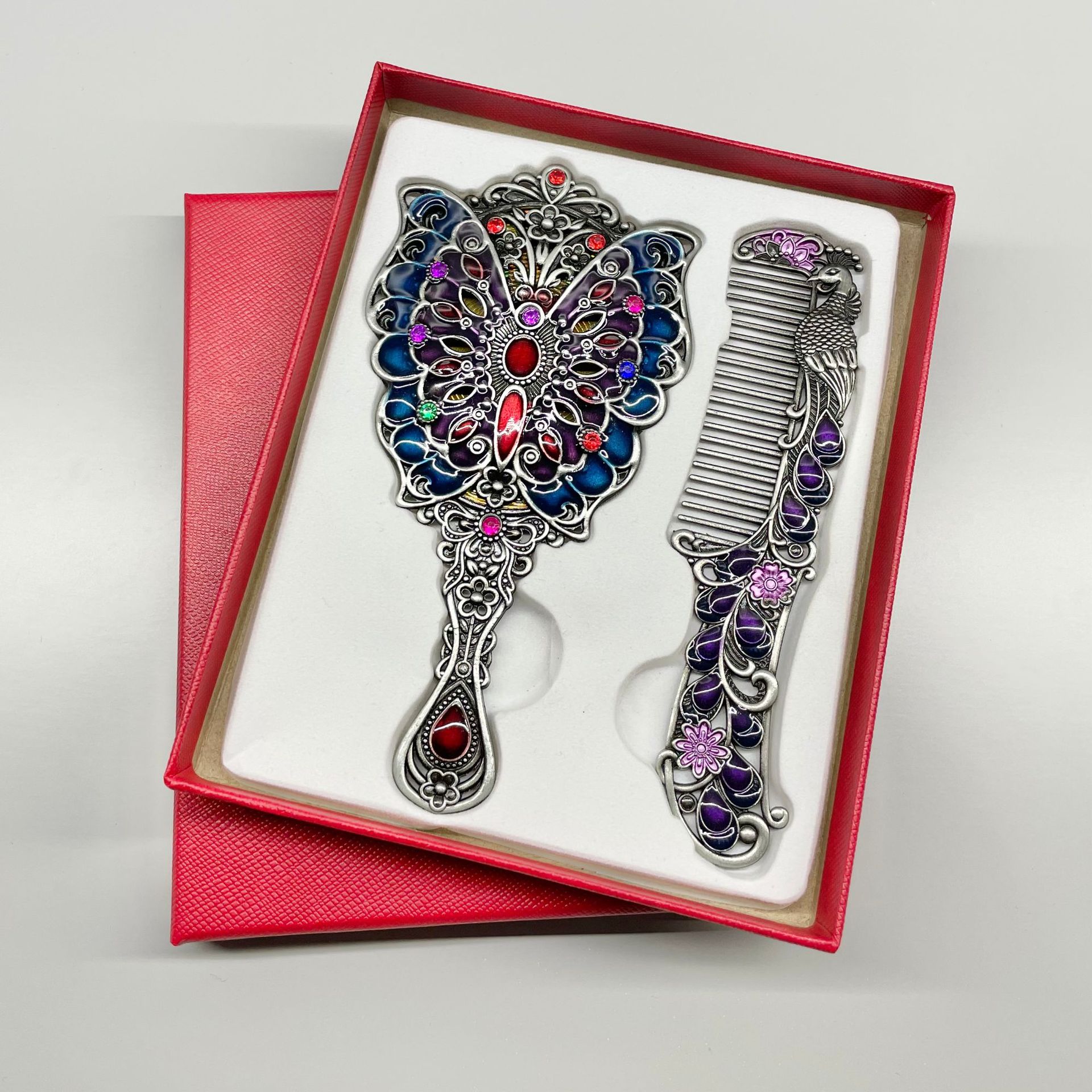 🎁🎁Exquisite Vintage Peacock and Rhinestone Comb and Mirror Set