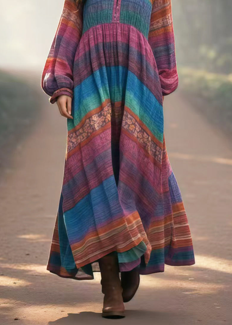 Vintage Multicolour Oversized Print Cotton Long Dresses Spring